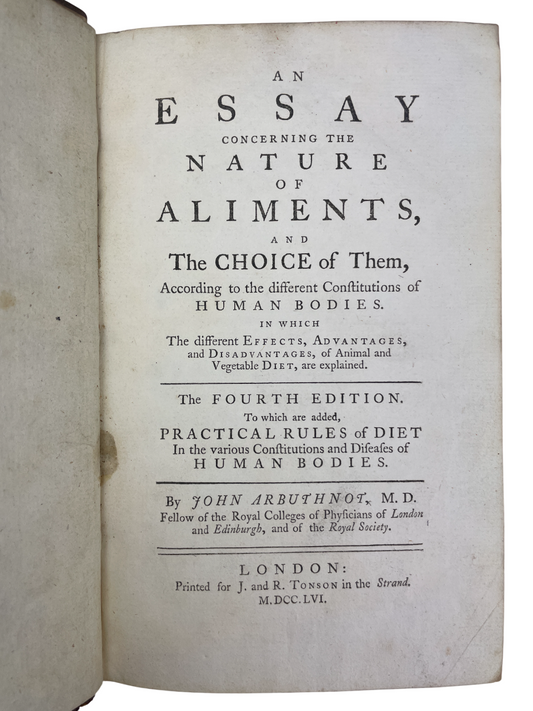 John Arbuthnot 1756 Essay Concerning the Nature of Ailments rare antique medical book early digestion physiology treatise Enlightenment nutrition proto-biochemistry gastric liquefaction bile action pancreatic secretions peristalsis early metabolic theory London J. Tonson collectible 18th century medical science history rare book UK