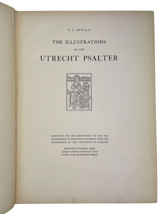 Rare 1932 The Illustrations of the Utrecht Psalter by Ernest De Wald, published by Princeton University Press. This landmark art historical facsimile of the ninth-century Utrecht Psalter offered unprecedented photographic clarity, capturing the vellum texture and fine penwork of early medieval manuscript art. A significant Princeton edition improving on the 1875 Palaeographical Society autotype facsimile, it represents a milestone in medieval art reproduction and scholarly study. An important book for coll