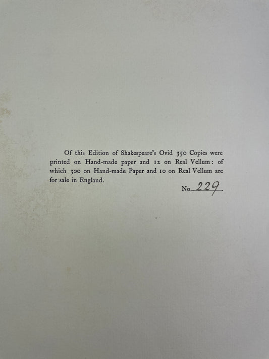 Rare 1904 limited edition book Shakespeare’s Ovid: Being Arthur Golding’s Translation of the Metamorphoses, published by De la More Press, London. Number 229 of 350 copies. Fine press edition of Ovid’s Metamorphoses, the classic Latin narrative poem that inspired Shakespeare and Renaissance literature. Features Arthur Golding’s 1567 English translation with engraved frontispiece. Early 20th-century collectible book in original quarter cloth binding, with Royal College of Art label and bookplate. Rare antiq