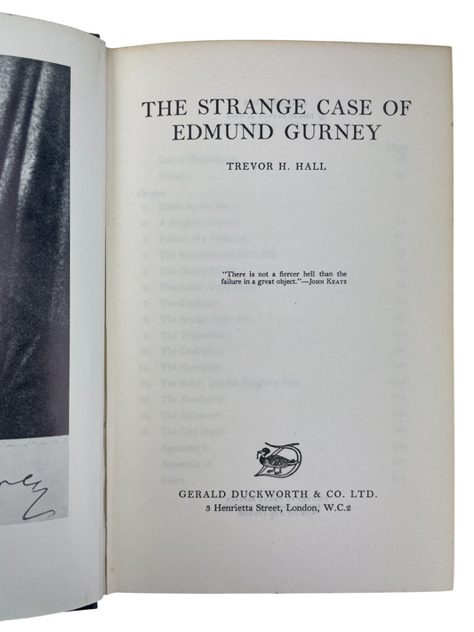 The Strange Case of Edmund Gurney 1964 Trevor H Hall first edition Gerald Duckworth London biography Victorian scholar man of letters psychical research Society for Psychical Research SPR life and death suicide Brighton hotel manic depression Victorian biography rare collectible book first edition Gurney history psychical investigation paranormal study British rare book biography Victorian mental health scholarly research rare 1964 collectible psychology biography