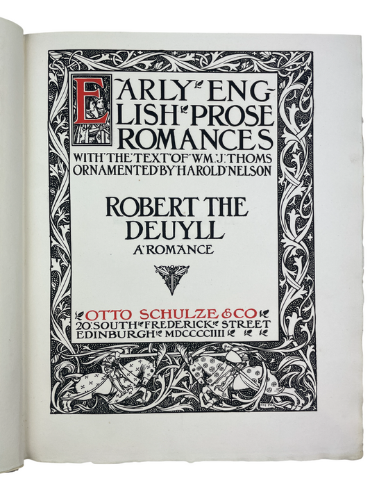 Super SEO Meta Description (keyword-packed, ungrammatical, dense): Early English Romances 1904 rare antique folklore book William John Thoms Otto Schulze Edinburgh Harold Nelson illustrations gold embossed cover gilt binding illustrated volume includes Robert the Deuyll, Robin Hood, Fryer Bacon early English folklore romance legends medieval literature Arthurian tales rare illustrated edition British folklore history antiquarian book collector rare 1904 printing decorative binding illuminated pages golden c