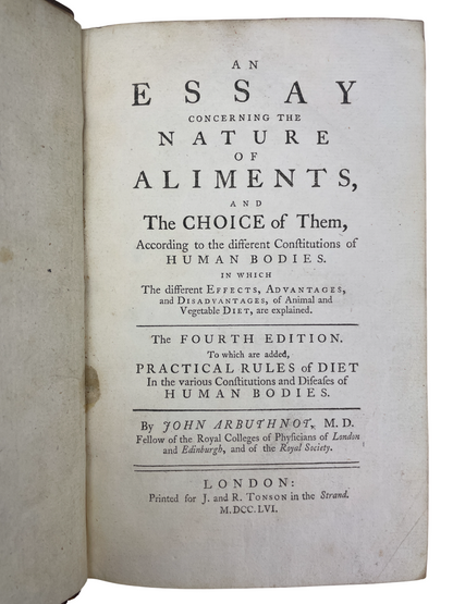 John Arbuthnot 1756 Essay Concerning the Nature of Ailments rare antique medical book early digestion physiology treatise Enlightenment nutrition proto-biochemistry gastric liquefaction bile action pancreatic secretions peristalsis early metabolic theory London J. Tonson collectible 18th century medical science history rare book UK