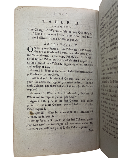 Images showcase a rare 1790 first edition of The Farmer’s Harvest Companion by Thomas Jarvis, an 18th-century agricultural manual and county gentleman’s guide, featuring classic Georgian binding with gilt spine and elaborately blocked boards. This edition contains comprehensive pre-calculated tables for land measurement, area and content of any plot, crop yields, seed quantities per acre, labour and harvest costs, and the value of work by the hundred or acre, designed for farmers, stewards, land measurers, 