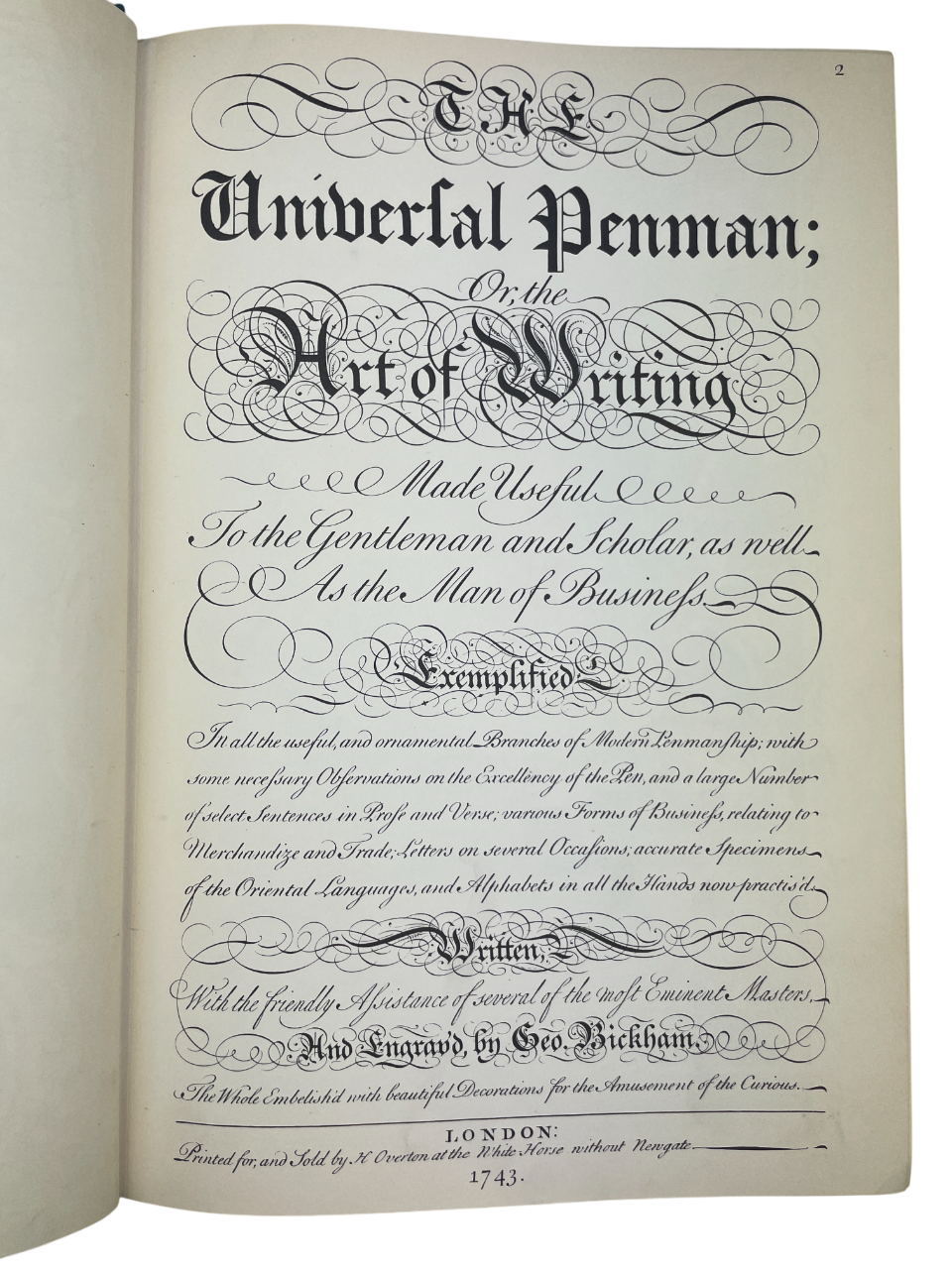  blue cloth book titled The Universal Penman 1941 limited edition no. 609 of 1000 Paul A. Struck fine facsimile of George Bickham’s 18th century calligraphy and engraving masterpiece English penmanship typography history ornamental lettering rare fine press book art of handwriting engraved specimens by master writing teachers London 1733–1741 collected plates calligraphic design historic script typography study limited printing Royal College of Art bookplate provenance rare British art book engraving
