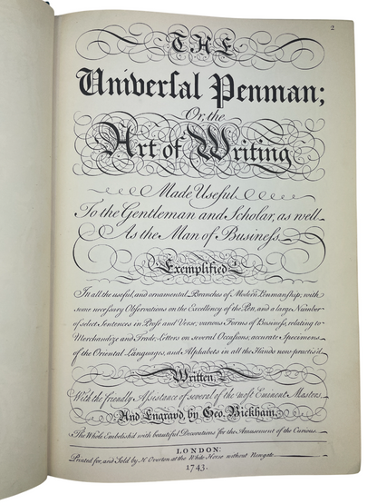  blue cloth book titled The Universal Penman 1941 limited edition no. 609 of 1000 Paul A. Struck fine facsimile of George Bickham’s 18th century calligraphy and engraving masterpiece English penmanship typography history ornamental lettering rare fine press book art of handwriting engraved specimens by master writing teachers London 1733–1741 collected plates calligraphic design historic script typography study limited printing Royal College of Art bookplate provenance rare British art book engraving
