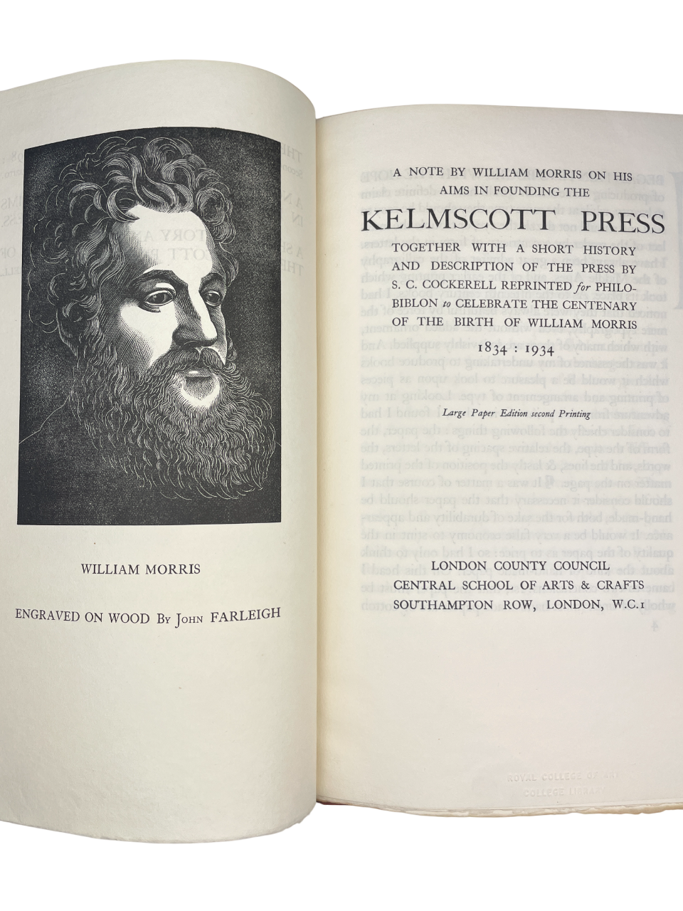  A Note by William Morris on his Aims in Founding the Kelmscott Press 1934 rare presentation copy Central School of Arts and Crafts London S.C. Cockerell description of the Kelmscott Press William Morris design typography fine press book Arts and Crafts movement handmade paper letterpress binding craftsmanship Royal College of Art bookplate provenance 1930s fine printing British design history limited edition presentation to F. W. Burrows Arts and Crafts publishing Kelmscott aestheticism William Morris phil