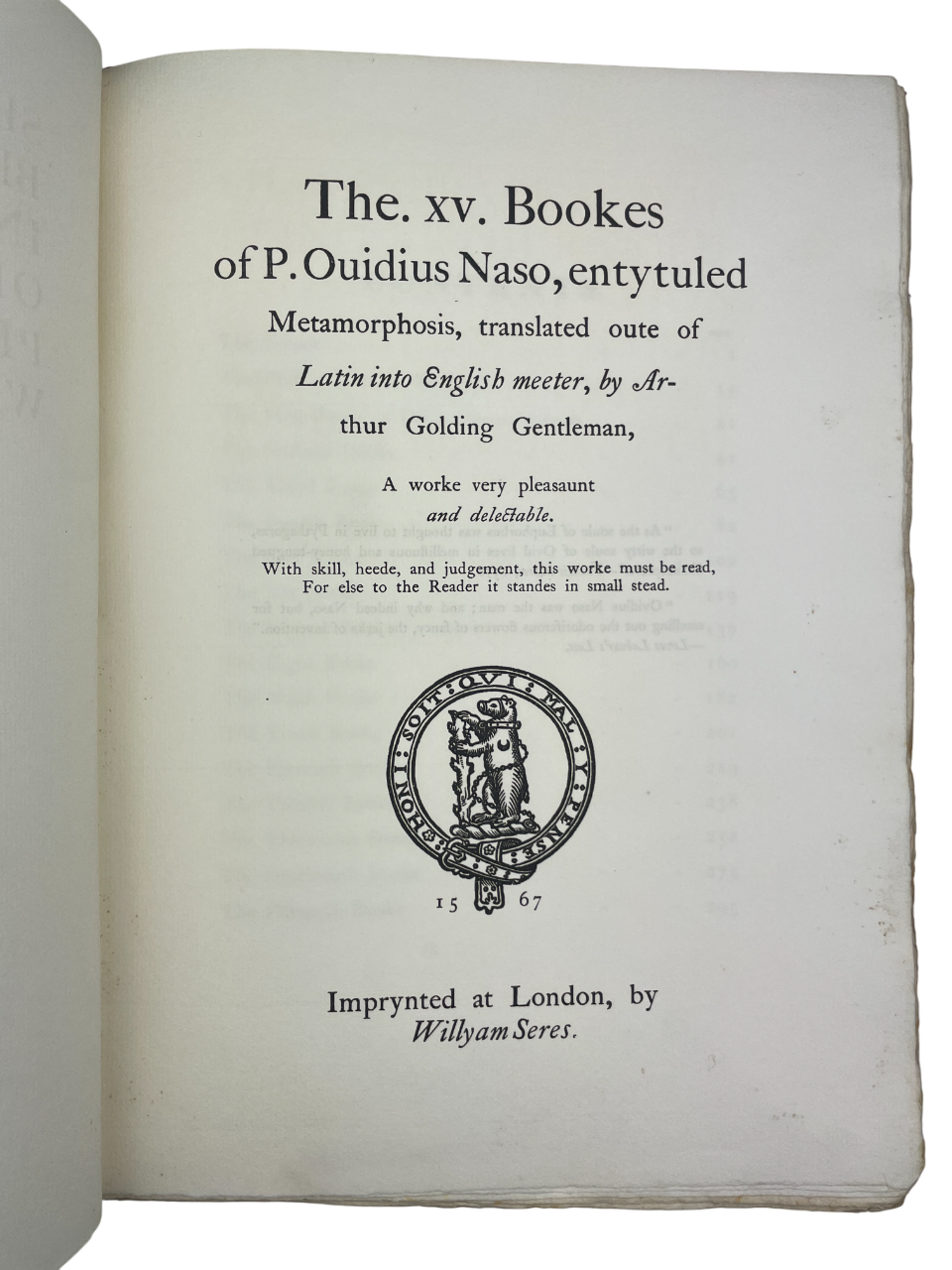  Rare 1904 limited edition book Shakespeare’s Ovid: Being Arthur Golding’s Translation of the Metamorphoses, published by De la More Press, London. Number 229 of 350 copies. Fine press edition of Ovid’s Metamorphoses, the classic Latin narrative poem that inspired Shakespeare and Renaissance literature. Features Arthur Golding’s 1567 English translation with engraved frontispiece. Early 20th-century collectible book in original quarter cloth binding, with Royal College of Art label and bookplate. Rare antiq