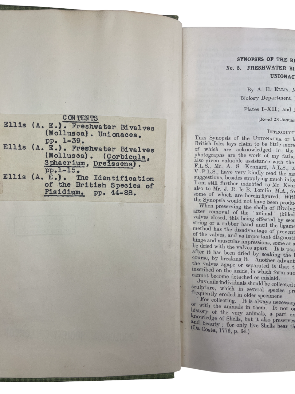 Freshwater Bivalves by Arthur Erskine Ellis, circa 1947. Rare, possibly unique, author-inscribed copy (“Presented by the author, A. E. Ellis”) of this seminal work on British freshwater mollusks. Comprehensive coverage of Unionacea, Corbicula, Sphaerium, Dreissena, and Pisidium, including photographic plates, text figures, and collector guidance. Undated edition with missing title and copyright pages, offering detailed taxonomic reference. Essential for malacologists, natural history collectors, rare book