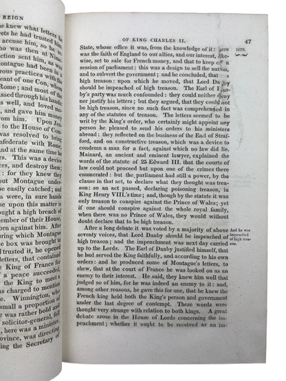 Four-volume 1818 London edition of Gilbert Burnet’s History of His Own Time, chronicling England and Scotland from the Restoration of Charles II to Queen Anne and the Treaty of Utrecht. A landmark contemporary account by a statesman-bishop directly involved in events, it blends political, ecclesiastical, and social history. A cornerstone narrative source for scholars and collectors of 17th- and 18th-century British history and early political writing.