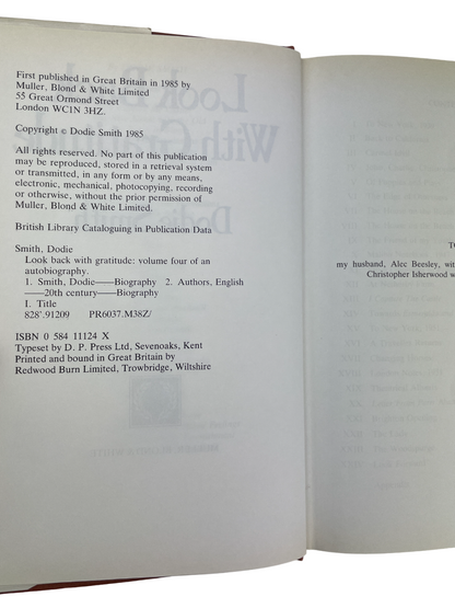 Dodie Smith Look Back With Love 1974 Look Back With Mixed Feelings 1978 Look Back With Astonishment 1979 Look Back With Gratitude 1985 complete set first editions signed autobiography memoirs British author I Capture the Castle Hundred and One Dalmatians literary self-portrait 20th century London New York Hollywood theatre writing playwright novelist rare collectible books vintage Dodie Smith memoirs four-volume set rare first edition British literature author biography Dodie Smith literary history classic 