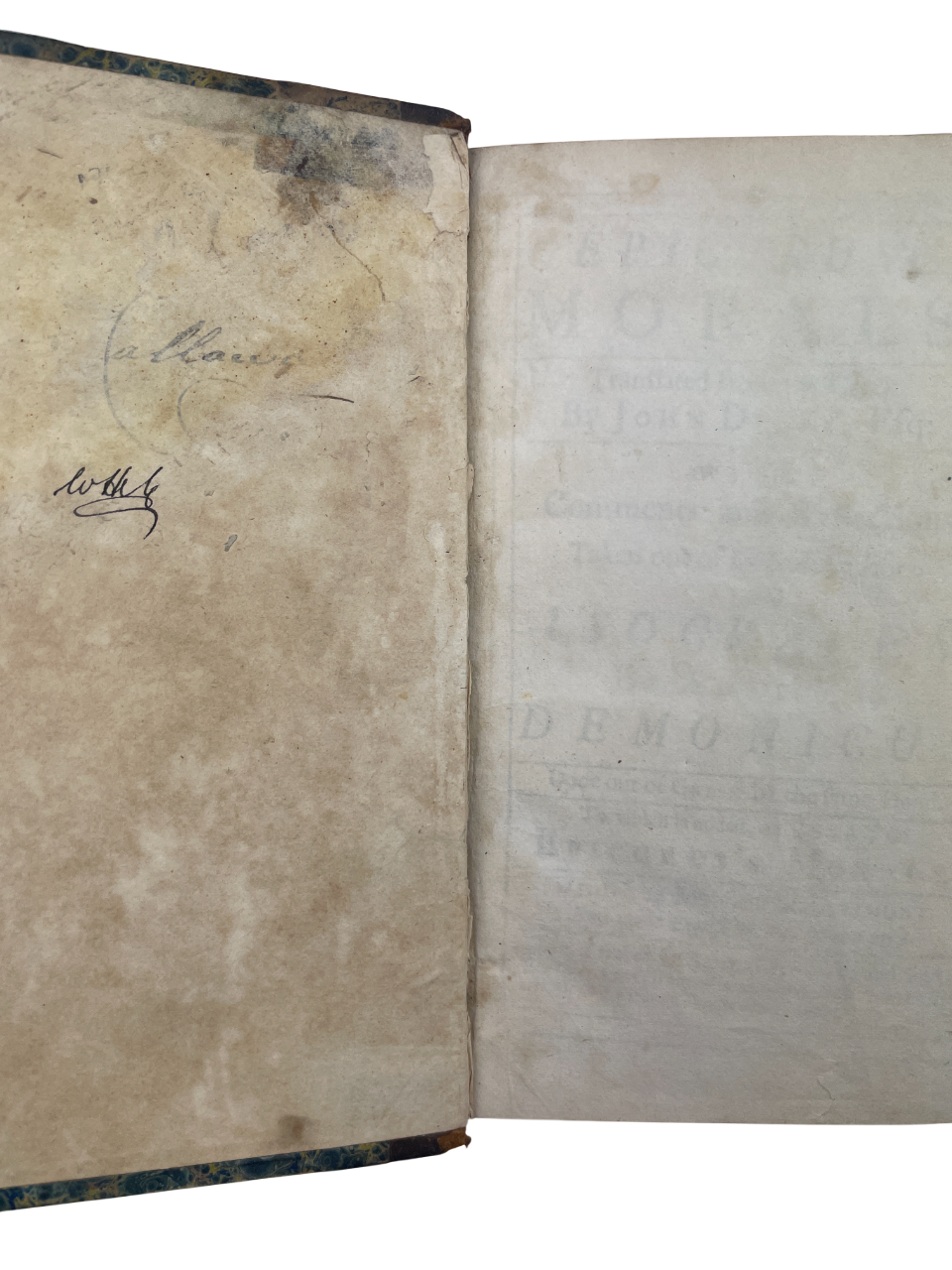 a rare 1712 English edition of Epicurus’s Morals, translated by John Digby and printed for Sam. Briscoe, presenting Epicurean philosophy, moral maxims, and the Wise Man sayings, including the Letter to Menoeceus, Saint-Évremond’s biography of Epicurus, and Isocrates’ Advice to Demonicus. Based on Diogenes Laertius’ accounts, this early 18th-century translation reflects renewed seventeenth-century interest in Epicurean rational ethics, atomism, and practical moral guidance. The volume features period binding