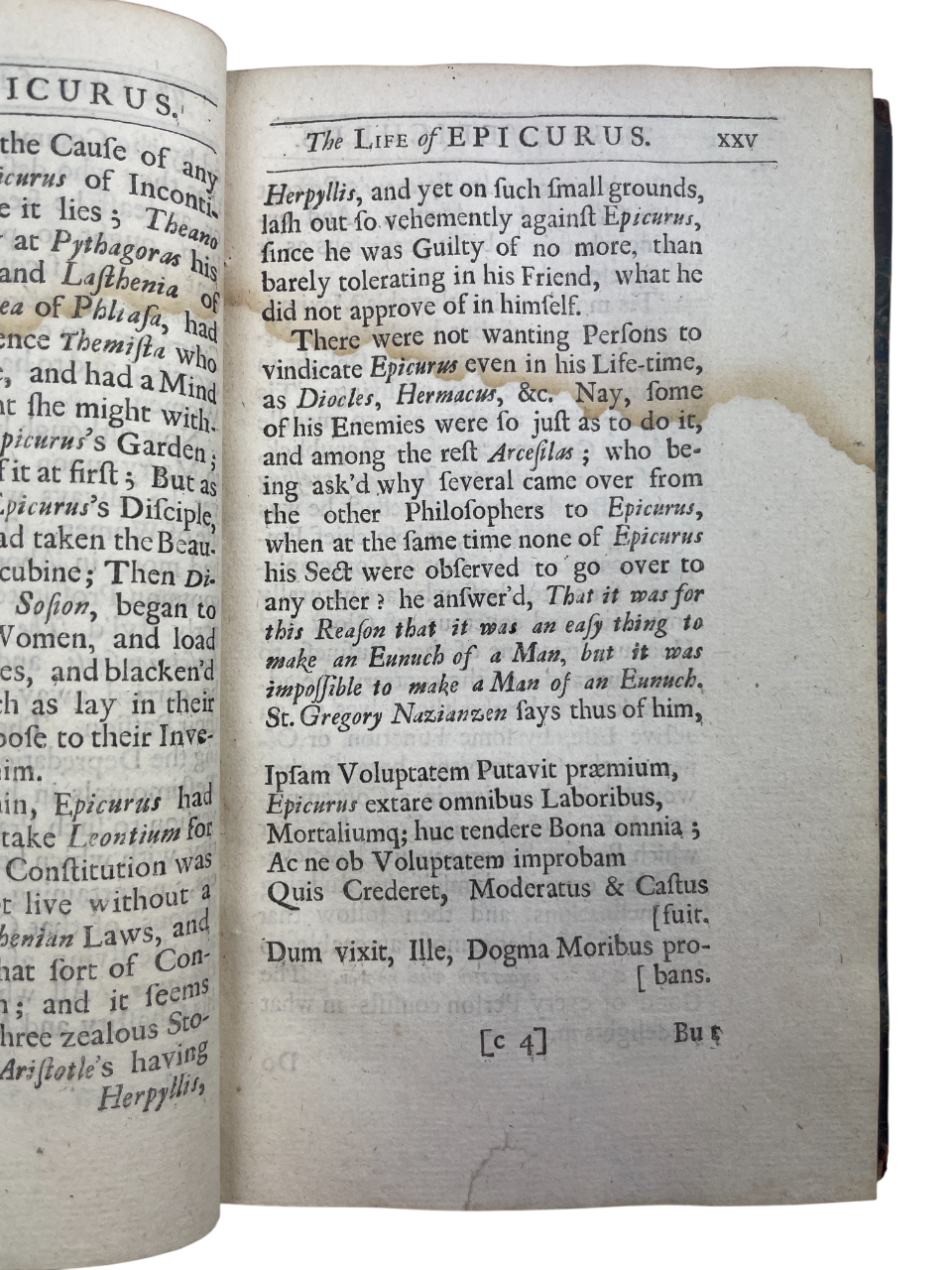a rare 1712 English edition of Epicurus’s Morals, translated by John Digby and printed for Sam. Briscoe, presenting Epicurean philosophy, moral maxims, and the Wise Man sayings, including the Letter to Menoeceus, Saint-Évremond’s biography of Epicurus, and Isocrates’ Advice to Demonicus. Based on Diogenes Laertius’ accounts, this early 18th-century translation reflects renewed seventeenth-century interest in Epicurean rational ethics, atomism, and practical moral guidance. The volume features period binding