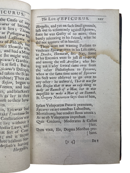 a rare 1712 English edition of Epicurus’s Morals, translated by John Digby and printed for Sam. Briscoe, presenting Epicurean philosophy, moral maxims, and the Wise Man sayings, including the Letter to Menoeceus, Saint-Évremond’s biography of Epicurus, and Isocrates’ Advice to Demonicus. Based on Diogenes Laertius’ accounts, this early 18th-century translation reflects renewed seventeenth-century interest in Epicurean rational ethics, atomism, and practical moral guidance. The volume features period binding