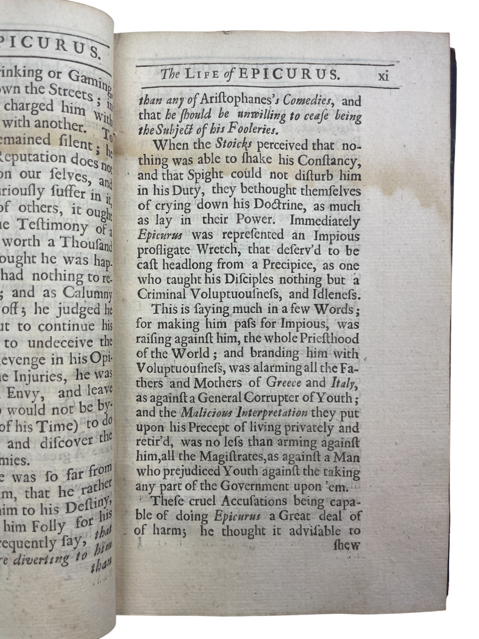 a rare 1712 English edition of Epicurus’s Morals, translated by John Digby and printed for Sam. Briscoe, presenting Epicurean philosophy, moral maxims, and the Wise Man sayings, including the Letter to Menoeceus, Saint-Évremond’s biography of Epicurus, and Isocrates’ Advice to Demonicus. Based on Diogenes Laertius’ accounts, this early 18th-century translation reflects renewed seventeenth-century interest in Epicurean rational ethics, atomism, and practical moral guidance. The volume features period binding