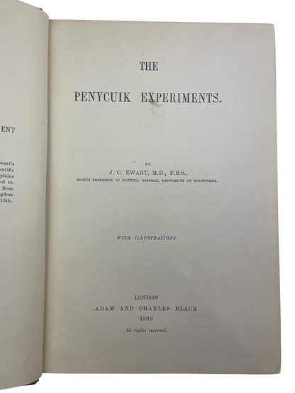 1899 edition of The Penycuik Experiments by James Cossar Ewart, pioneering experimental genetics and hybridization. Documents zebra–horse crosses testing telegony, hybrid vigor, inbreeding, and prepotency. Includes inscription “Margaret Ewart” (1915), suggesting family provenance. Essential for collectors of genetics history, experimental zoology, and Edinburgh scientific heritage.
