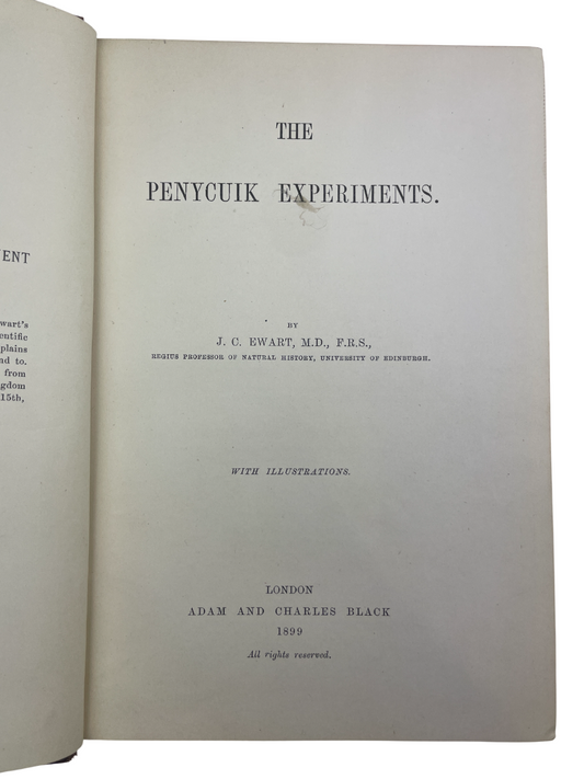 1899 edition of The Penycuik Experiments by James Cossar Ewart, pioneering experimental genetics and hybridization. Documents zebra–horse crosses testing telegony, hybrid vigor, inbreeding, and prepotency. Includes inscription “Margaret Ewart” (1915), suggesting family provenance. Essential for collectors of genetics history, experimental zoology, and Edinburgh scientific heritage.