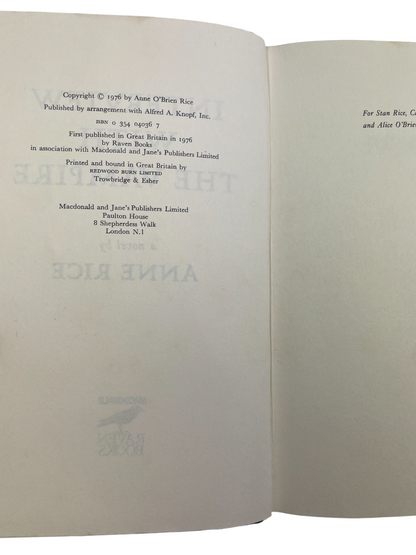 First UK edition, first printing of Interview with the Vampire by Anne Rice, 1976, published by Raven Books. A gothic horror masterpiece and debut novel that began The Vampire Chronicles, it explores immortality, loss, and desire through the confessional voice of Louis and the haunting child-vampire Claudia. A cornerstone of modern vampire fiction, adapted into the 1994 film and 2022 TV series, sought after by collectors of horror first editions.