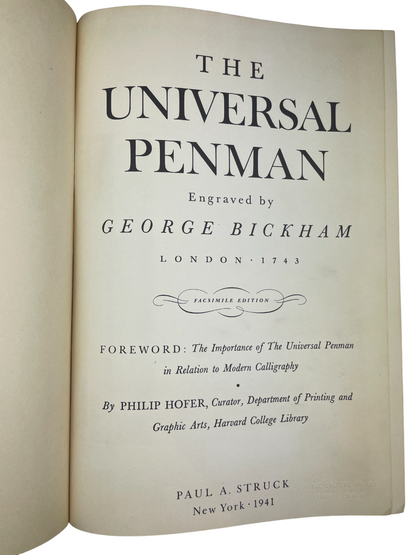  blue cloth book titled The Universal Penman 1941 limited edition no. 609 of 1000 Paul A. Struck fine facsimile of George Bickham’s 18th century calligraphy and engraving masterpiece English penmanship typography history ornamental lettering rare fine press book art of handwriting engraved specimens by master writing teachers London 1733–1741 collected plates calligraphic design historic script typography study limited printing Royal College of Art bookplate provenance rare British art book engraving
