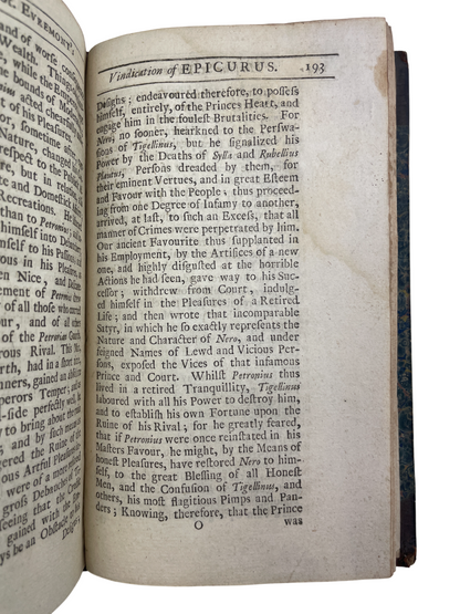 a rare 1712 English edition of Epicurus’s Morals, translated by John Digby and printed for Sam. Briscoe, presenting Epicurean philosophy, moral maxims, and the Wise Man sayings, including the Letter to Menoeceus, Saint-Évremond’s biography of Epicurus, and Isocrates’ Advice to Demonicus. Based on Diogenes Laertius’ accounts, this early 18th-century translation reflects renewed seventeenth-century interest in Epicurean rational ethics, atomism, and practical moral guidance. The volume features period binding