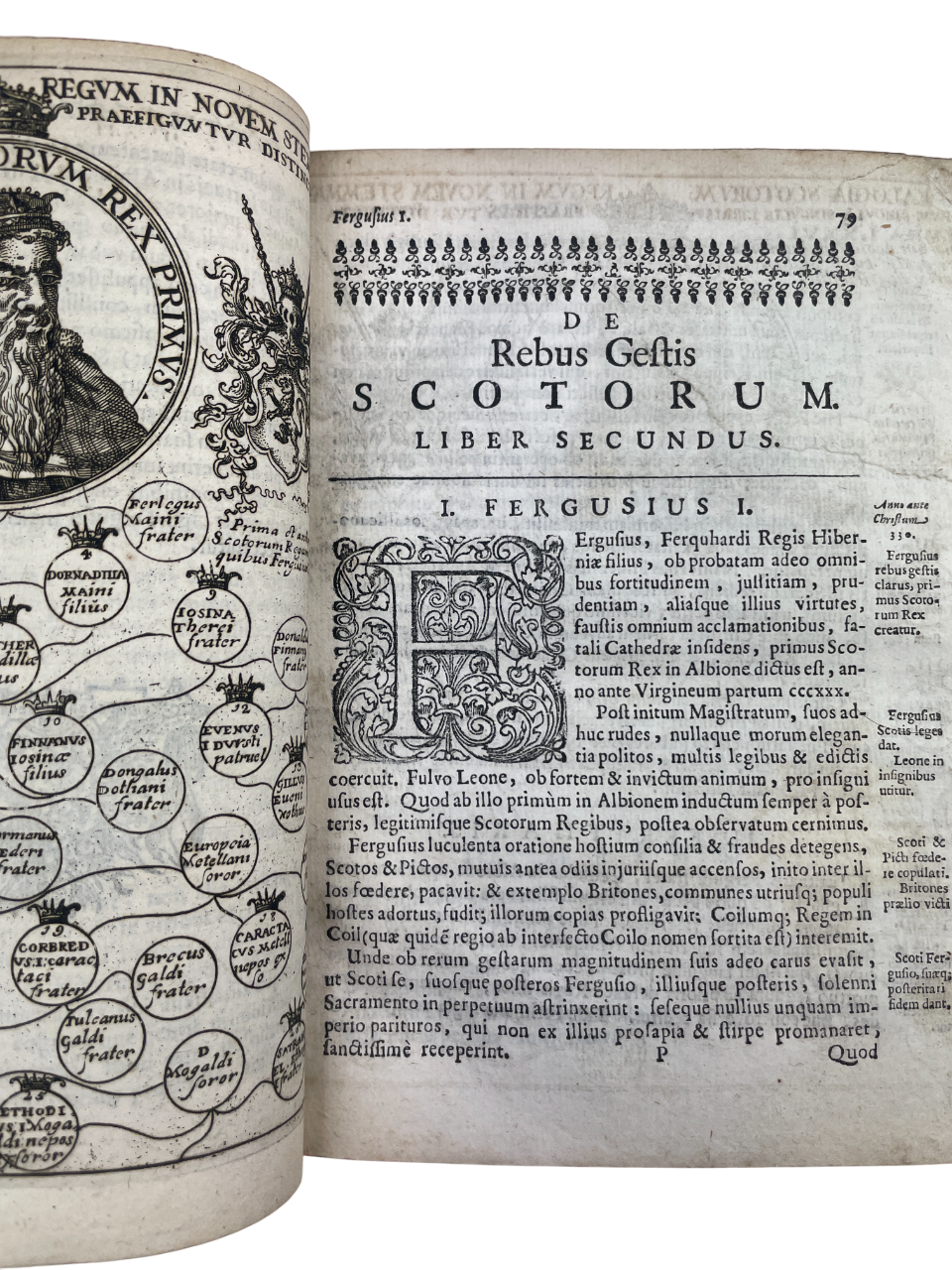 De Origine moribus & rebus gestis Scotorum libri decem by John Leslie, 1675, In aedibus populi Romanae. Early Scotland history, Catholic perspective, Bishop of Ross, ambassador to Mary Queen of Scots, topographical research, genealogical engravings, portraits, woodcut initials, tailpieces, antique Scottish history, rare 17th-century book, Trinity College bookplate, Cambridge provenance, illustrated historical folio, early modern Scottish historiography, collectible rare book, scholarly reference, first-hand
