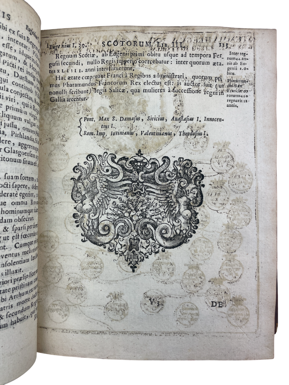 De Origine moribus & rebus gestis Scotorum libri decem by John Leslie, 1675, In aedibus populi Romanae. Early Scotland history, Catholic perspective, Bishop of Ross, ambassador to Mary Queen of Scots, topographical research, genealogical engravings, portraits, woodcut initials, tailpieces, antique Scottish history, rare 17th-century book, Trinity College bookplate, Cambridge provenance, illustrated historical folio, early modern Scottish historiography, collectible rare book, scholarly reference, first-hand