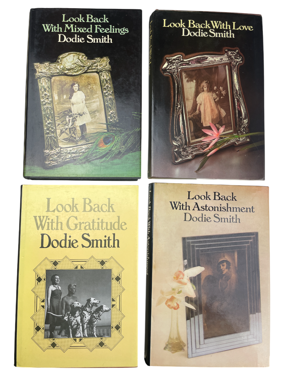Dodie Smith Look Back With Love 1974 Look Back With Mixed Feelings 1978 Look Back With Astonishment 1979 Look Back With Gratitude 1985 complete set first editions signed autobiography memoirs British author I Capture the Castle Hundred and One Dalmatians literary self-portrait 20th century London New York Hollywood theatre writing playwright novelist rare collectible books vintage Dodie Smith memoirs four-volume set rare first edition British literature author biography Dodie Smith literary history classic 