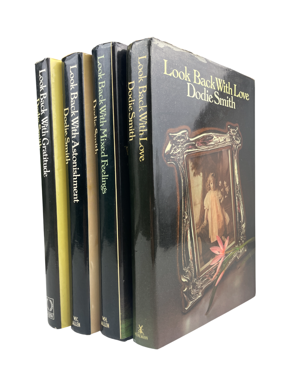 Dodie Smith Look Back With Love 1974 Look Back With Mixed Feelings 1978 Look Back With Astonishment 1979 Look Back With Gratitude 1985 complete set first editions signed autobiography memoirs British author I Capture the Castle Hundred and One Dalmatians literary self-portrait 20th century London New York Hollywood theatre writing playwright novelist rare collectible books vintage Dodie Smith memoirs four-volume set rare first edition British literature author biography Dodie Smith literary history classic 
