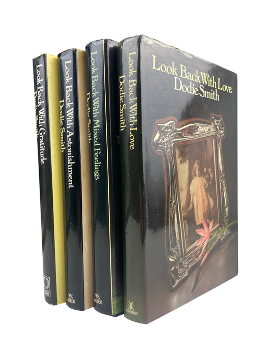 Dodie Smith Look Back With Love 1974 Look Back With Mixed Feelings 1978 Look Back With Astonishment 1979 Look Back With Gratitude 1985 complete set first editions signed autobiography memoirs British author I Capture the Castle Hundred and One Dalmatians literary self-portrait 20th century London New York Hollywood theatre writing playwright novelist rare collectible books vintage Dodie Smith memoirs four-volume set rare first edition British literature author biography Dodie Smith literary history classic 