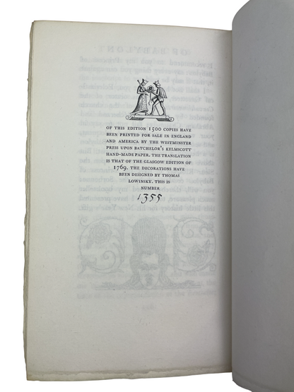  Rare 1927 The Princess of Babylon by M. De Voltaire, published by The Nonesuch Press, limited edition no. 1355 of 1500. A fine press edition of Voltaire’s philosophical tale blending satire, enlightenment ideals, and allegory, produced by the renowned Nonesuch Press known for its elegant typography and craftsmanship. This collectible book includes Royal College of Art bookplate and barcode on the front endpaper. An important example of early twentieth-century private press printing and Voltaire’s enduring 