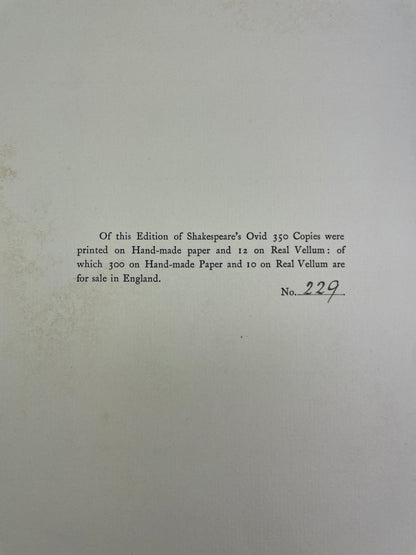  Rare 1904 limited edition book Shakespeare’s Ovid: Being Arthur Golding’s Translation of the Metamorphoses, published by De la More Press, London. Number 229 of 350 copies. Fine press edition of Ovid’s Metamorphoses, the classic Latin narrative poem that inspired Shakespeare and Renaissance literature. Features Arthur Golding’s 1567 English translation with engraved frontispiece. Early 20th-century collectible book in original quarter cloth binding, with Royal College of Art label and bookplate. Rare antiq