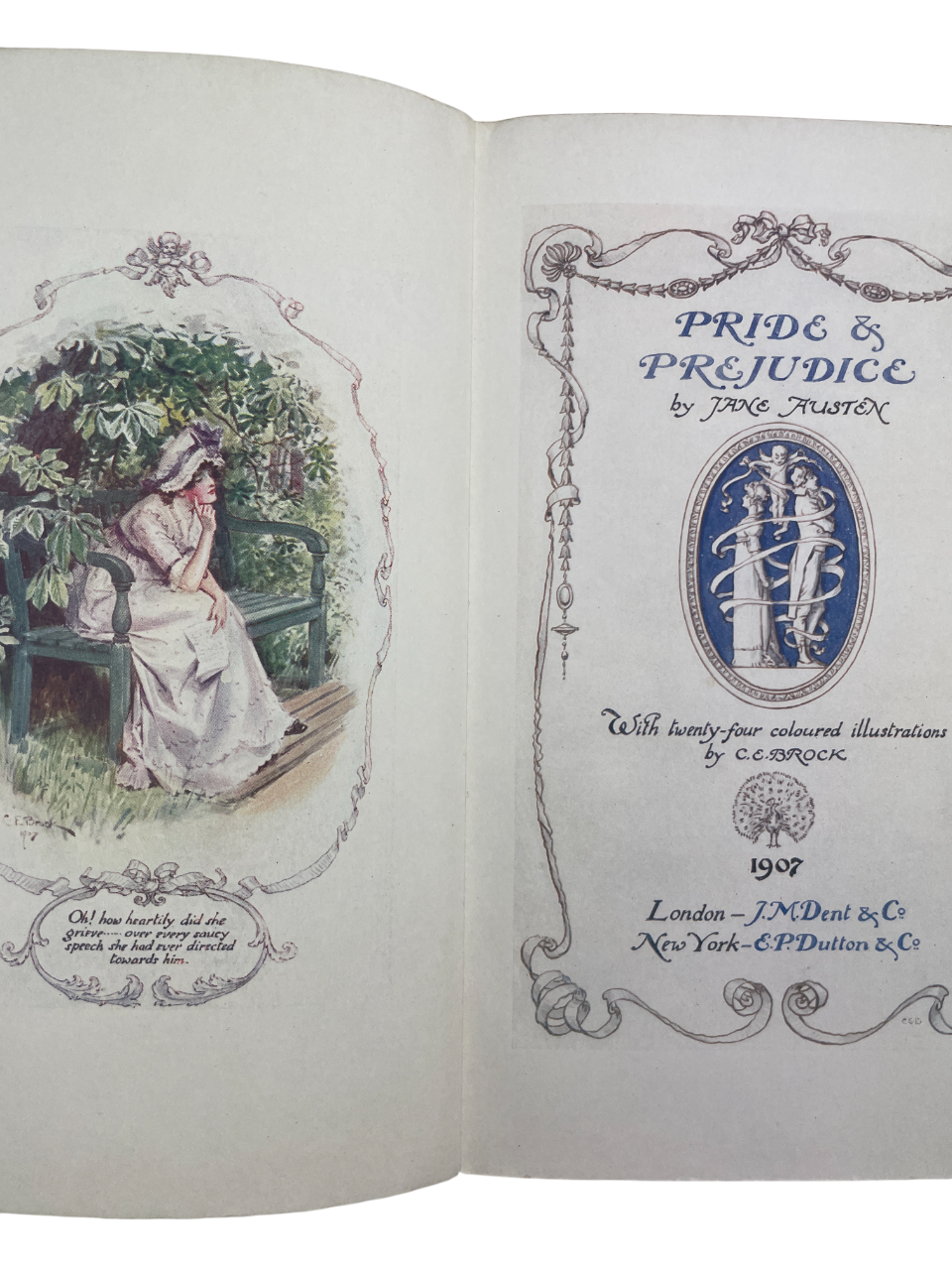 Pride and Prejudice 1907 first edition thus J.M. Dent Charles Brock illustrated rare antique book Jane Austen color illustrations gilt binding pictorial endpapers early 20th century edition collectible classic literature rare books illustrated Austen edition gilt spine decorative cover fine binding art illustration early color printing Regency novel British literature collectible gift for collectors rare Austen volume early edition English classic Brock art plates.