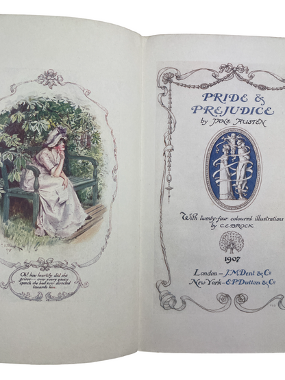 Pride and Prejudice 1907 first edition thus J.M. Dent Charles Brock illustrated rare antique book Jane Austen color illustrations gilt binding pictorial endpapers early 20th century edition collectible classic literature rare books illustrated Austen edition gilt spine decorative cover fine binding art illustration early color printing Regency novel British literature collectible gift for collectors rare Austen volume early edition English classic Brock art plates.