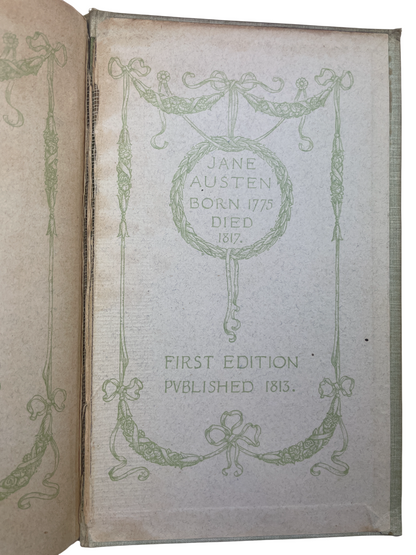 Pride and Prejudice 1907 first edition thus J.M. Dent Charles Brock illustrated rare antique book Jane Austen color illustrations gilt binding pictorial endpapers early 20th century edition collectible classic literature rare books illustrated Austen edition gilt spine decorative cover fine binding art illustration early color printing Regency novel British literature collectible gift for collectors rare Austen volume early edition English classic Brock art plates.