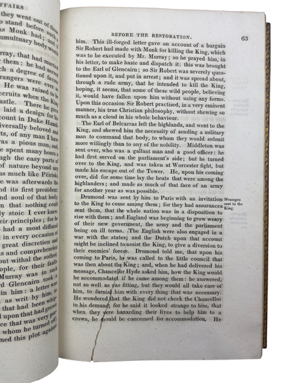 Four-volume 1818 London edition of Gilbert Burnet’s History of His Own Time, chronicling England and Scotland from the Restoration of Charles II to Queen Anne and the Treaty of Utrecht. A landmark contemporary account by a statesman-bishop directly involved in events, it blends political, ecclesiastical, and social history. A cornerstone narrative source for scholars and collectors of 17th- and 18th-century British history and early political writing.