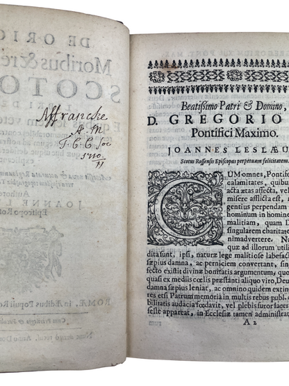 De Origine moribus & rebus gestis Scotorum libri decem by John Leslie, 1675, In aedibus populi Romanae. Early Scotland history, Catholic perspective, Bishop of Ross, ambassador to Mary Queen of Scots, topographical research, genealogical engravings, portraits, woodcut initials, tailpieces, antique Scottish history, rare 17th-century book, Trinity College bookplate, Cambridge provenance, illustrated historical folio, early modern Scottish historiography, collectible rare book, scholarly reference, first-hand