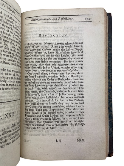a rare 1712 English edition of Epicurus’s Morals, translated by John Digby and printed for Sam. Briscoe, presenting Epicurean philosophy, moral maxims, and the Wise Man sayings, including the Letter to Menoeceus, Saint-Évremond’s biography of Epicurus, and Isocrates’ Advice to Demonicus. Based on Diogenes Laertius’ accounts, this early 18th-century translation reflects renewed seventeenth-century interest in Epicurean rational ethics, atomism, and practical moral guidance. The volume features period binding