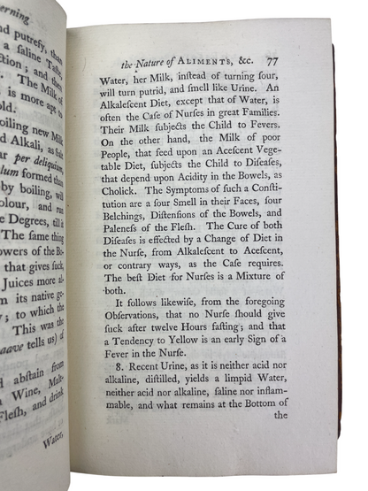 John Arbuthnot 1756 Essay Concerning the Nature of Ailments rare antique medical book early digestion physiology treatise Enlightenment nutrition proto-biochemistry gastric liquefaction bile action pancreatic secretions peristalsis early metabolic theory London J. Tonson collectible 18th century medical science history rare book UK