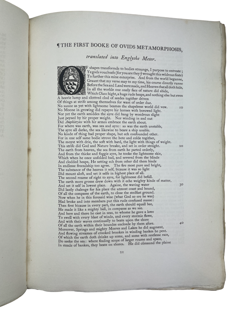  Rare 1904 limited edition book Shakespeare’s Ovid: Being Arthur Golding’s Translation of the Metamorphoses, published by De la More Press, London. Number 229 of 350 copies. Fine press edition of Ovid’s Metamorphoses, the classic Latin narrative poem that inspired Shakespeare and Renaissance literature. Features Arthur Golding’s 1567 English translation with engraved frontispiece. Early 20th-century collectible book in original quarter cloth binding, with Royal College of Art label and bookplate. Rare antiq