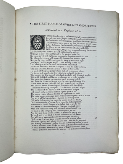  Rare 1904 limited edition book Shakespeare’s Ovid: Being Arthur Golding’s Translation of the Metamorphoses, published by De la More Press, London. Number 229 of 350 copies. Fine press edition of Ovid’s Metamorphoses, the classic Latin narrative poem that inspired Shakespeare and Renaissance literature. Features Arthur Golding’s 1567 English translation with engraved frontispiece. Early 20th-century collectible book in original quarter cloth binding, with Royal College of Art label and bookplate. Rare antiq