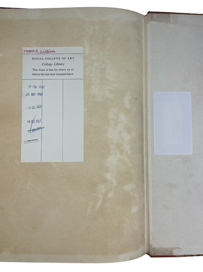  A Note by William Morris on his Aims in Founding the Kelmscott Press 1934 rare presentation copy Central School of Arts and Crafts London S.C. Cockerell description of the Kelmscott Press William Morris design typography fine press book Arts and Crafts movement handmade paper letterpress binding craftsmanship Royal College of Art bookplate provenance 1930s fine printing British design history limited edition presentation to F. W. Burrows Arts and Crafts publishing Kelmscott aestheticism William Morris phil