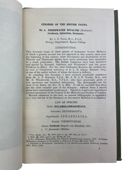 Freshwater Bivalves by Arthur Erskine Ellis, c.1947. Rare, possibly unique, author-inscribed (“Presented by the author, A. E. Ellis”), lacking title and copyright pages. Includes Unionacea, Corbicula, Sphaerium, Dreissena, Pisidium, with photographic plates, diagrams, and text figures for identification. Key antique natural history book, malacology reference, British mollusks, zoological study, scientific monograph, collectible first edition, rare biology book, academic reference, illustrated taxonomy, rese