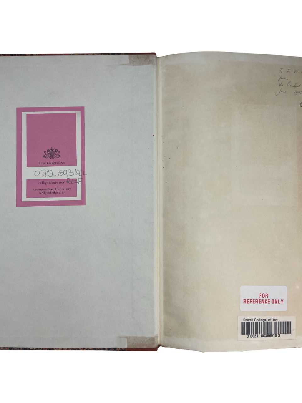  A Note by William Morris on his Aims in Founding the Kelmscott Press 1934 rare presentation copy Central School of Arts and Crafts London S.C. Cockerell description of the Kelmscott Press William Morris design typography fine press book Arts and Crafts movement handmade paper letterpress binding craftsmanship Royal College of Art bookplate provenance 1930s fine printing British design history limited edition presentation to F. W. Burrows Arts and Crafts publishing Kelmscott aestheticism William Morris phil