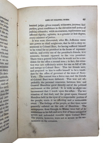 1835 first edition of The Life of Aaron Burr by Samuel L. Knapp, rare U.S. history biography of Revolutionary War officer, U.S. Senator, and Vice President. Inscribed “Peter [middle name] Burr,” indicating potential Burr family provenance. Chronicles military service under Washington and Arnold, duel with Hamilton, treason trial, and political career. Vital for collectors of rare American history books, 19th-century political biographies, Revolutionary era studies, and Burr family historical materials