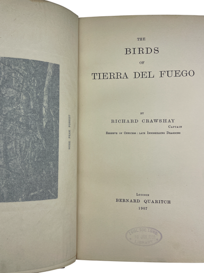  Rare antique ornithology book The Birds of Tierra del Fuego by Richard Crawshay, 1907 first edition limited to 300 copies, published by Bernard Quaritch London. Early 20th century natural history collectible with 21 hand-coloured lithographed bird plates, 23 photogravure landscape views, wood-engraved dedication, and colour map. Bound for the Zoological Society of London. Classic rare book of South American birds, Tierra del Fuego expedition 1904, featuring detailed species descriptions, plumage, habitat n