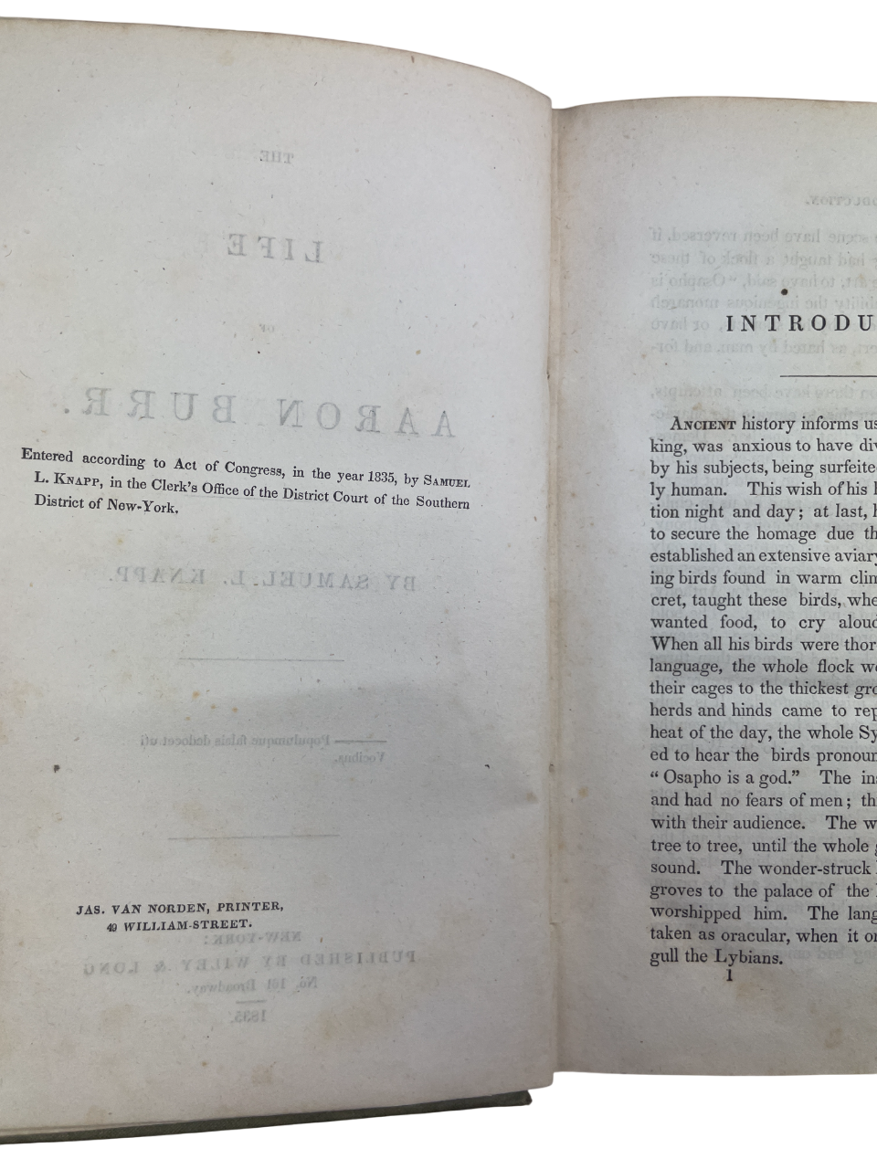 1835 first edition of The Life of Aaron Burr by Samuel L. Knapp, rare U.S. history biography of Revolutionary War officer, U.S. Senator, and Vice President. Inscribed “Peter [middle name] Burr,” indicating potential Burr family provenance. Chronicles military service under Washington and Arnold, duel with Hamilton, treason trial, and political career. Vital for collectors of rare American history books, 19th-century political biographies, Revolutionary era studies, and Burr family historical materials