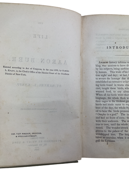 1835 first edition of The Life of Aaron Burr by Samuel L. Knapp, rare U.S. history biography of Revolutionary War officer, U.S. Senator, and Vice President. Inscribed “Peter [middle name] Burr,” indicating potential Burr family provenance. Chronicles military service under Washington and Arnold, duel with Hamilton, treason trial, and political career. Vital for collectors of rare American history books, 19th-century political biographies, Revolutionary era studies, and Burr family historical materials