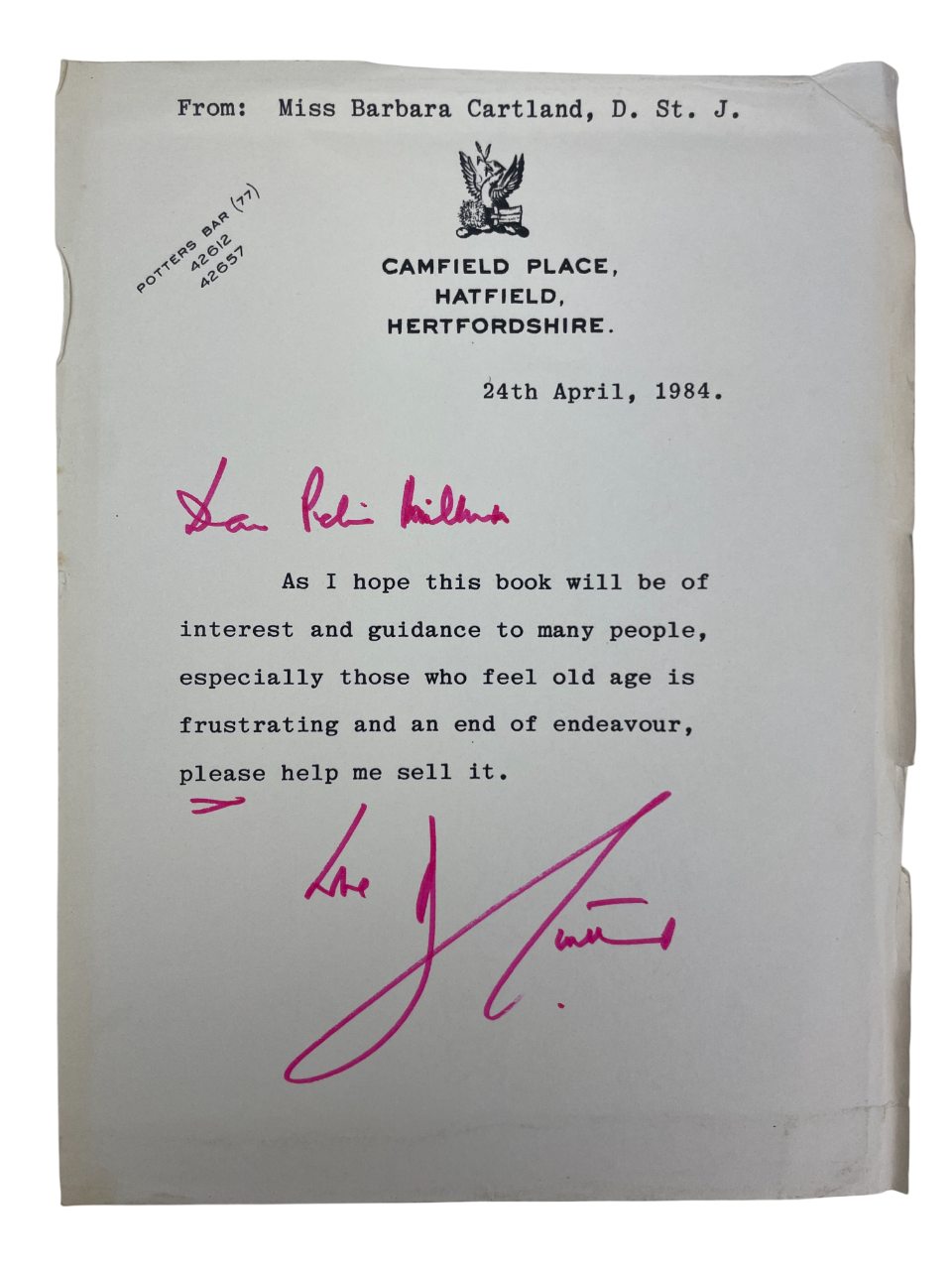 Getting Older, Growing Younger 1984 Barbara Cartland signed first edition hardcover Sidgwick and Jackson London personal letter included Dame Commander Order of the British Empire DBE autobiography vitality beauty self-discipline graceful aging longevity health romance author prolific 20th century British literature rare collectible signed book Cartland autograph Camfield Place Beatrix Potter stationery personal anecdotes youthful energy rejuvenation charm optimism self-assurance literature collectible Brit
