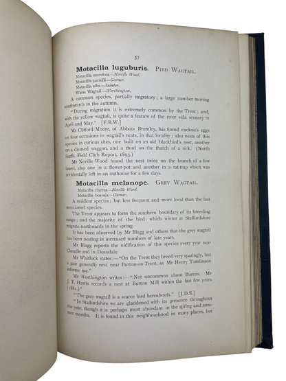 The Birds of Staffordshire with Illustrations of Local Bird Haunts. Privately printed first edition book, limited to 100 copies, intended to foster interest in Staffordshire bird life and discourage the destruction of local species. Authored by Alexander Morison McAldowie FRSE (1852–1926) - a Scottish physician, folklorist, and ornithologist known for his contributions to natural history and the North Staffordshire Field Club, where he was awarded the Garner Medal in 1900. This copy is unnumbered and unsign