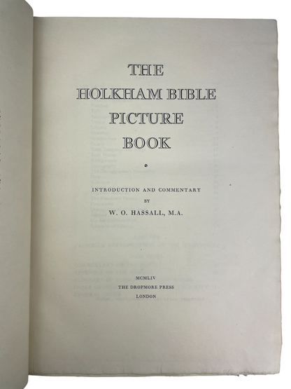 W. O. Hassall The Holkham Bible Picture Book 1954 Dropmore Press London signed first printed edition facsimile 14th century English illuminated manuscript medieval art rare book fine press Bodleian Library Holkham Hall Earl of Leicester Geoffrey Chaucer era illustration history religious manuscript rare collector edition limited signed Hassall commentary medieval illumination art history Dropmore Press fine printing collectible rare facsimile British Library acquisition