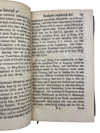 The Interest of Scotland Considered, with regard to its Police in imploying of the Poor, its Agriculture, its Trade, its Manufactures, and Fisheries. First edition book of this economic analysis of Scotland in the quarter-century following the Union with England. Patrick Lindsay (1686–1753) began as an upholsterer but entered Edinburgh politics by the 1730s, serving as Lord Provost (1729–31, 1733–35) and as MP for the city (1734–41).